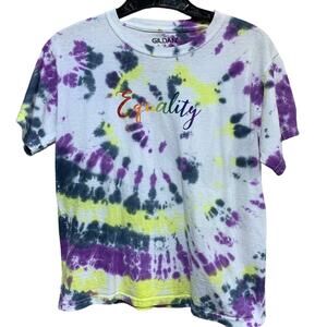 Hand Printed Upcycled Youth Large Equality Rainbow Pride Tie Dyed Cotton Tee